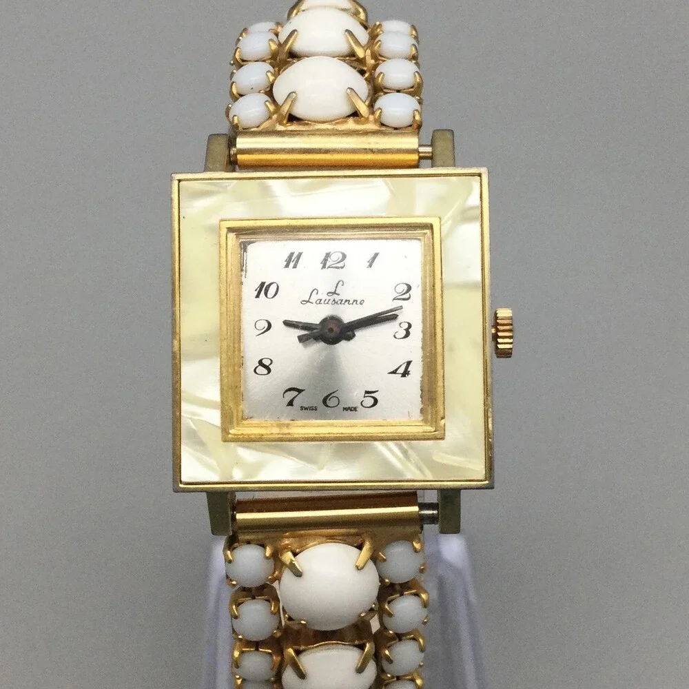 Vintage Lausanne Womens Watch 26mm Gold Tone MOP Dial Cabochon Manual Wind